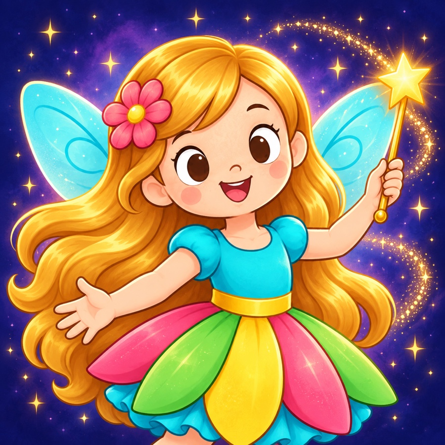 The Child Fairy against a starry night sky, casting a shooting-star trail with her wand